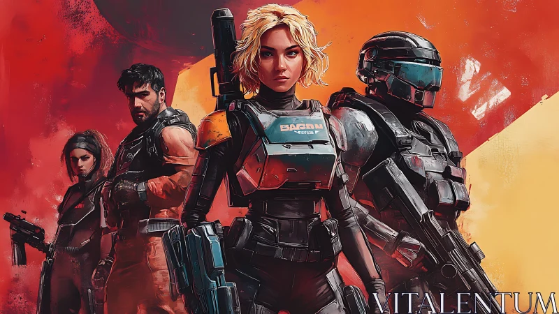 Tactical sci fi strike team in modular exosuit armor formation.