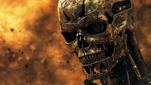 Cybernetic endoskeleton portrait with corroded cranial plating.