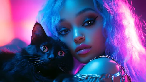 Neon-lit portrait of woman and black cat in cyber hues.