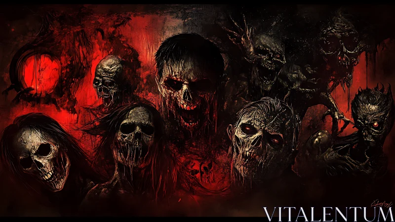 Grotesque undead skull horde in red and black hellscape.