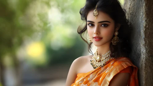 Photorealistic portrait of woman in ornate sari and jewelry.