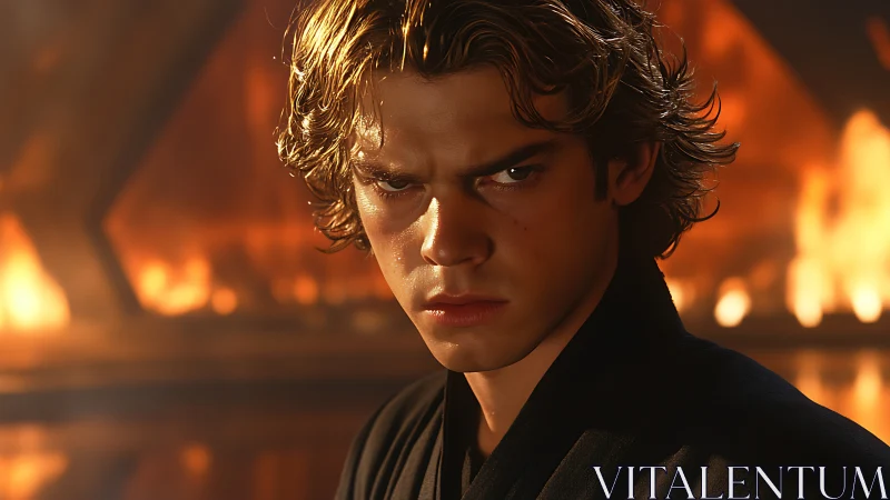 Photorealistic dramatic portrait with cinematic fire backlight.