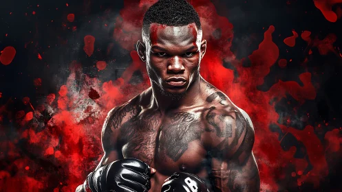 Musculature athlete portrait with red particle dissolution effect.