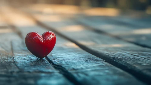 Red Heart on Weathered Blue Wood Surface