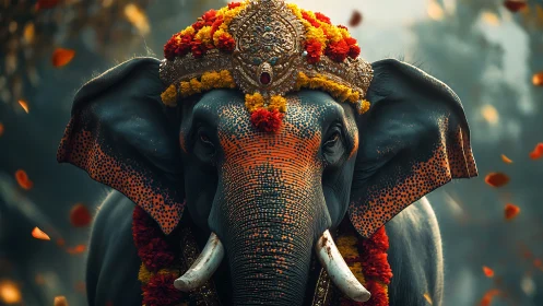 Decorated elephant with ornate headpiece stands in soft focus