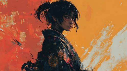 Firelit ronin portrait brushed across a molten horizon.