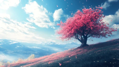 Blossoming cherry tree crowns pastel hillside beneath vast sky.