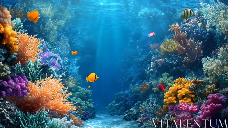 Colorful coral reef with tropical fish in clear blue sea.