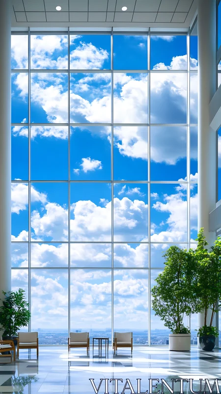 Corporate lobby interior with large glazed window wall.