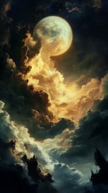 Luminous full moon rises through storm-torn celestial clouds