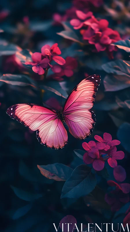 Gentle pink butterfly rests softly among twilight blooms