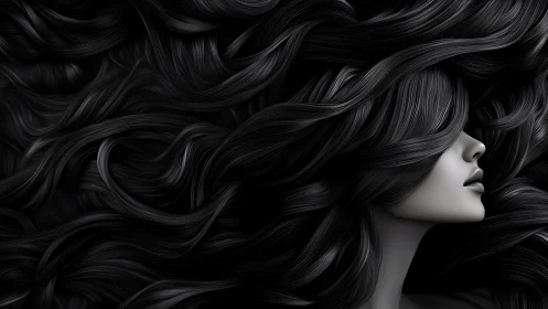 Monochrome female profile emerges from dense, flowing strands