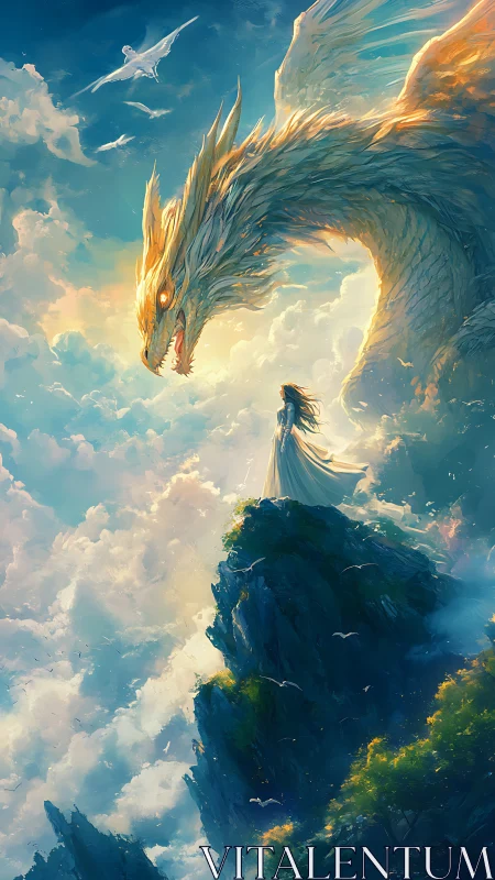 Woman stands on cliff edge facing massive luminous dragon