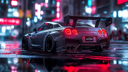 Widebody Nissan GT-R in neon drenched cyberpunk street at night