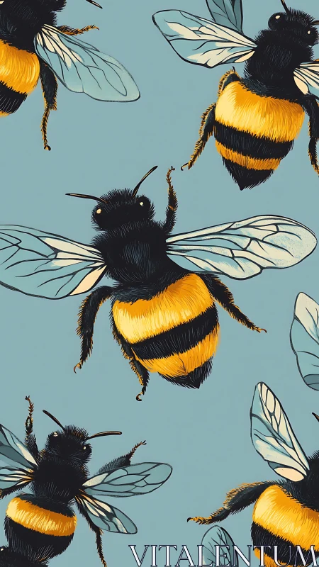 Gentle bumblebees drift across a soft blue spring sky