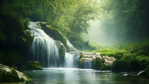 Misty forest waterfall over mossy rocks at calm pool.