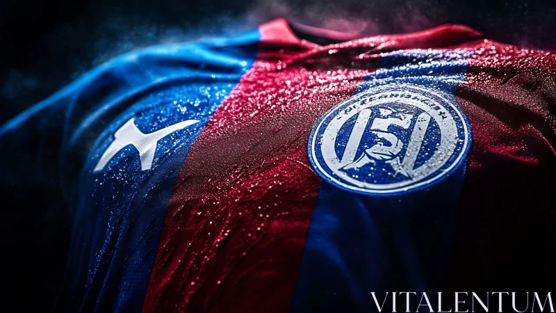 Soccer jersey fabric shows wet surface and crest details