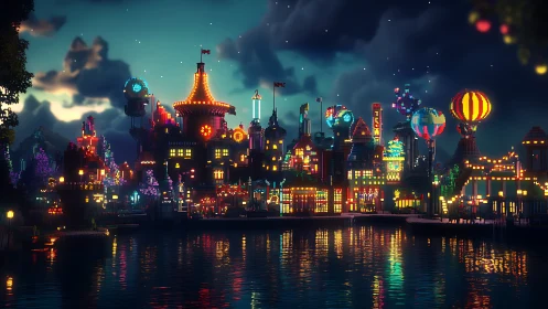 Neon harbor carnival city shimmering under pixelated dusk.