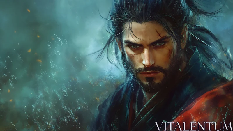 Battle worn samurai warrior with intense focused stare.