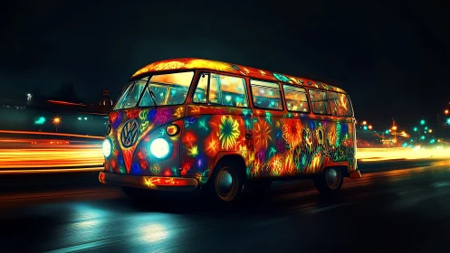 Psychedelic microbus on urban roadway at night in motion.