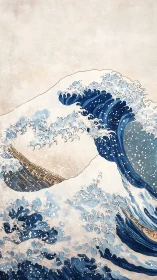 Towering indigo wave curls above fragile wooden boats.