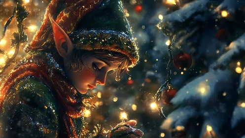Winter elf illuminated by granular bokeh and rim-lit snowfall