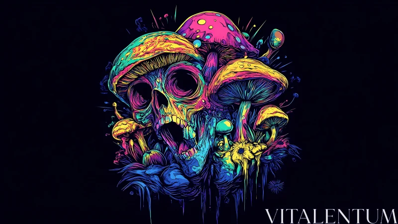 Neon mushrooms bloom around a surreal, glowing skull vision
