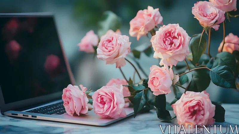 Soft pink roses drape over open laptop on marble table.