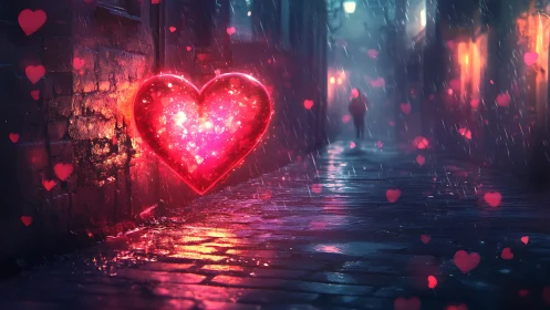 Glowing Neon Heart in the Rain