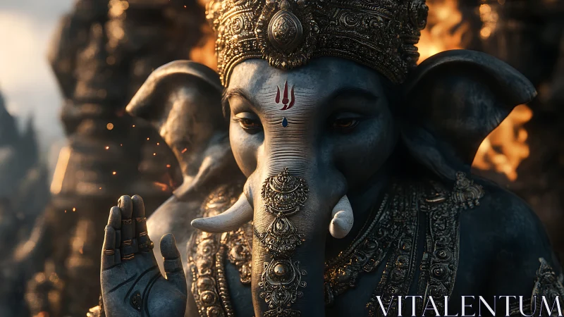 Golden-trimmed elephant deity radiates calm in warm firelight