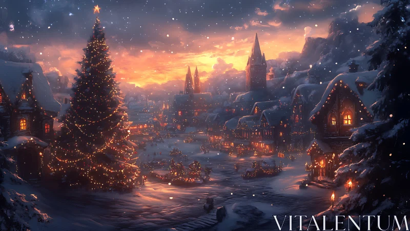 Snow covered village glows with Christmas tree lights at dusk