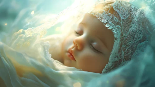 Peaceful sleeping baby wrapped in soft lace and light.