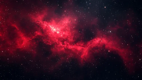 Crimson nebula cloud cuts through dense starfield band.