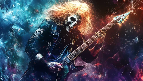 Skeletal guitarist holds electric guitar amid abstract nebula field