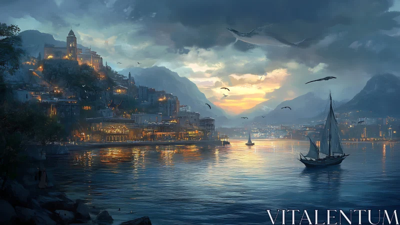 Twilight harbor cityscape renders luminous coastal architecture