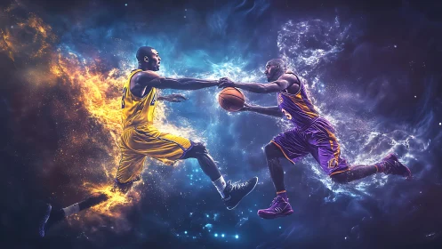Dynamic duality of fire and water basketball confrontation.