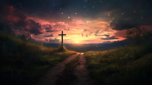 Peaceful hilltop cross beneath a glowing sunset sky.