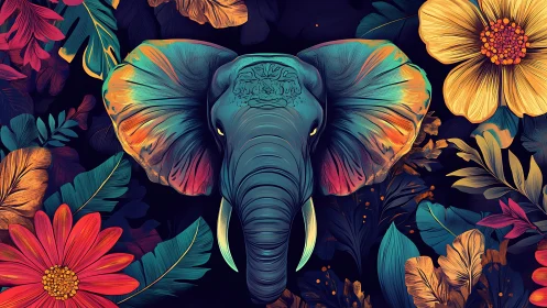 Majestic elephant emerges amid neon tropical florals.