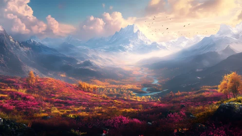 Blazing valley blooms beneath mist-kissed crystal peaks.