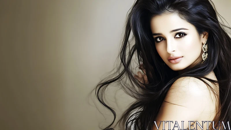 Brunette portrait with windswept hair and golden earrings.