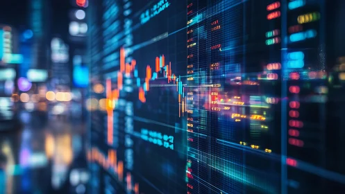 Neon financial candlestick interface in algorithmic trading grid.