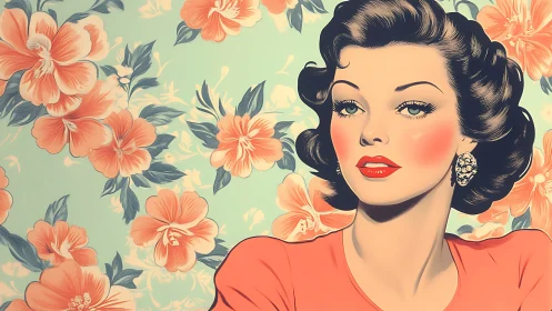 Retro portrait of woman with floral pattern background.