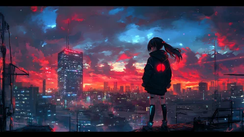 Solitary rooftop dreamer watching a neon painted sunset city.