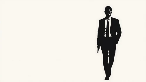 Silhouetted agent in tailored suit with handgun on void field.