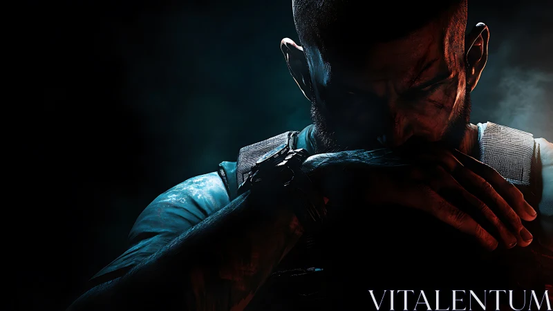 Cinematic low-key render of armed soldier in dramatic rim light