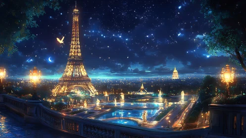 Enchanting night view of Eiffel Tower over glowing Paris