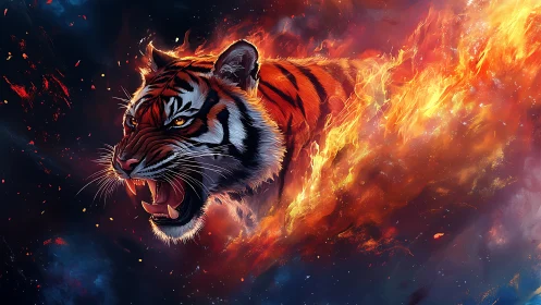Roaring tiger bursts from swirling flames in dark space.