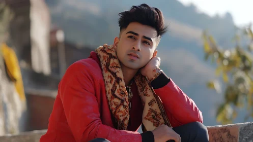 Mountain terrace daydreamer in crimson winter style portrait.