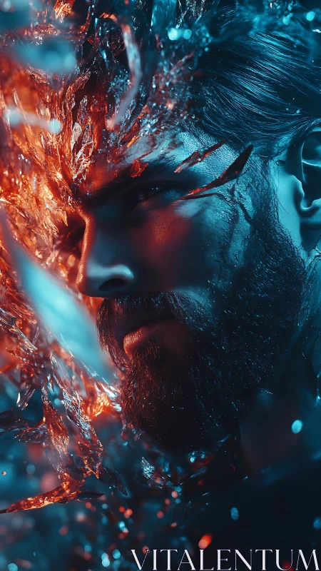 Digital painting portrait with shattering dual-tone light field.