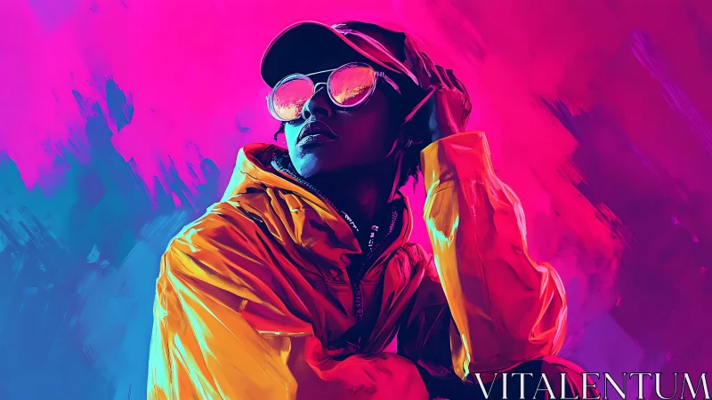 Neon-clad dreamer crowned in electric magenta and cyan haze.